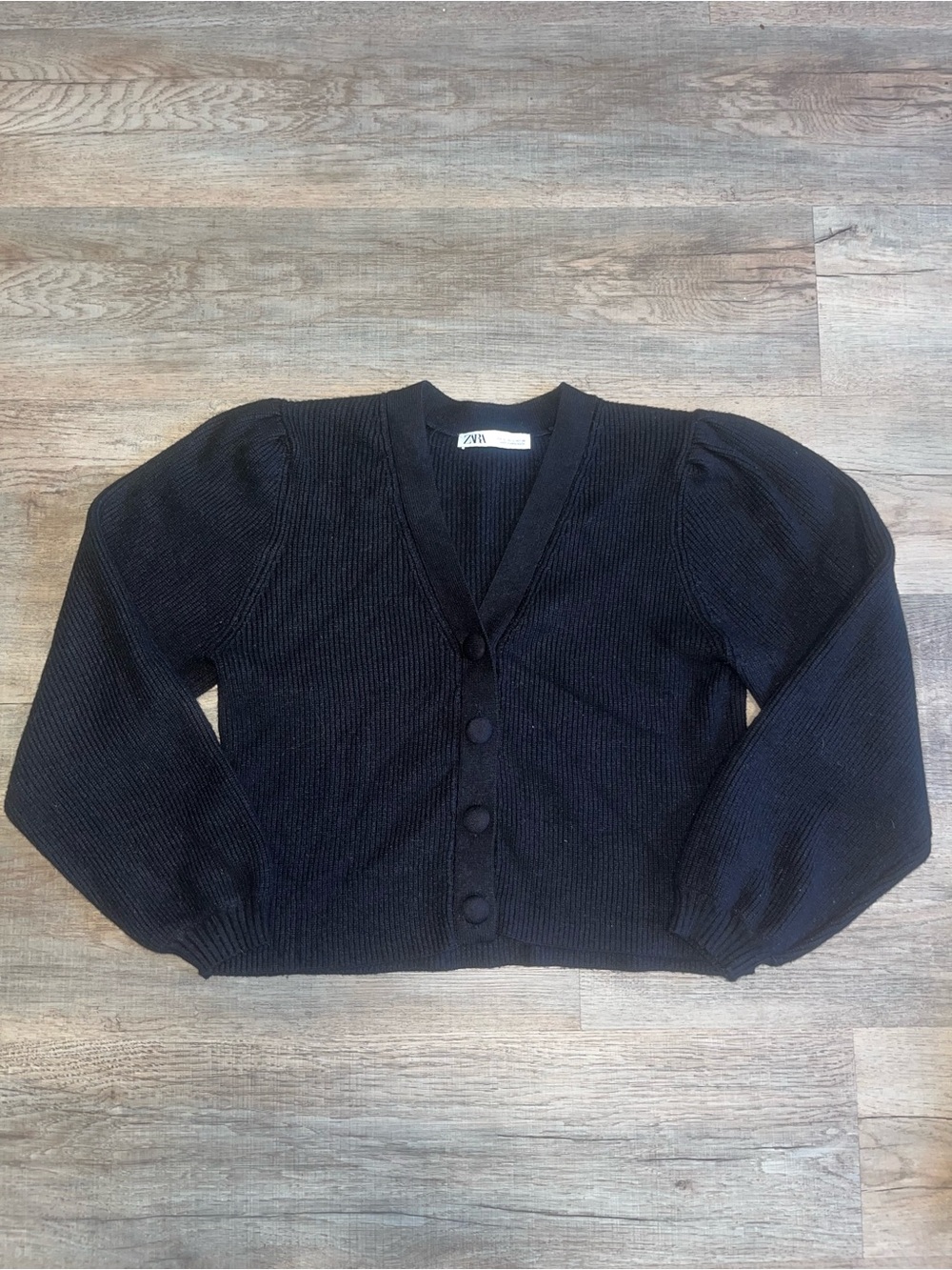 ZARA Black V-Neck Button Front Puff Sleeve Sweater size L